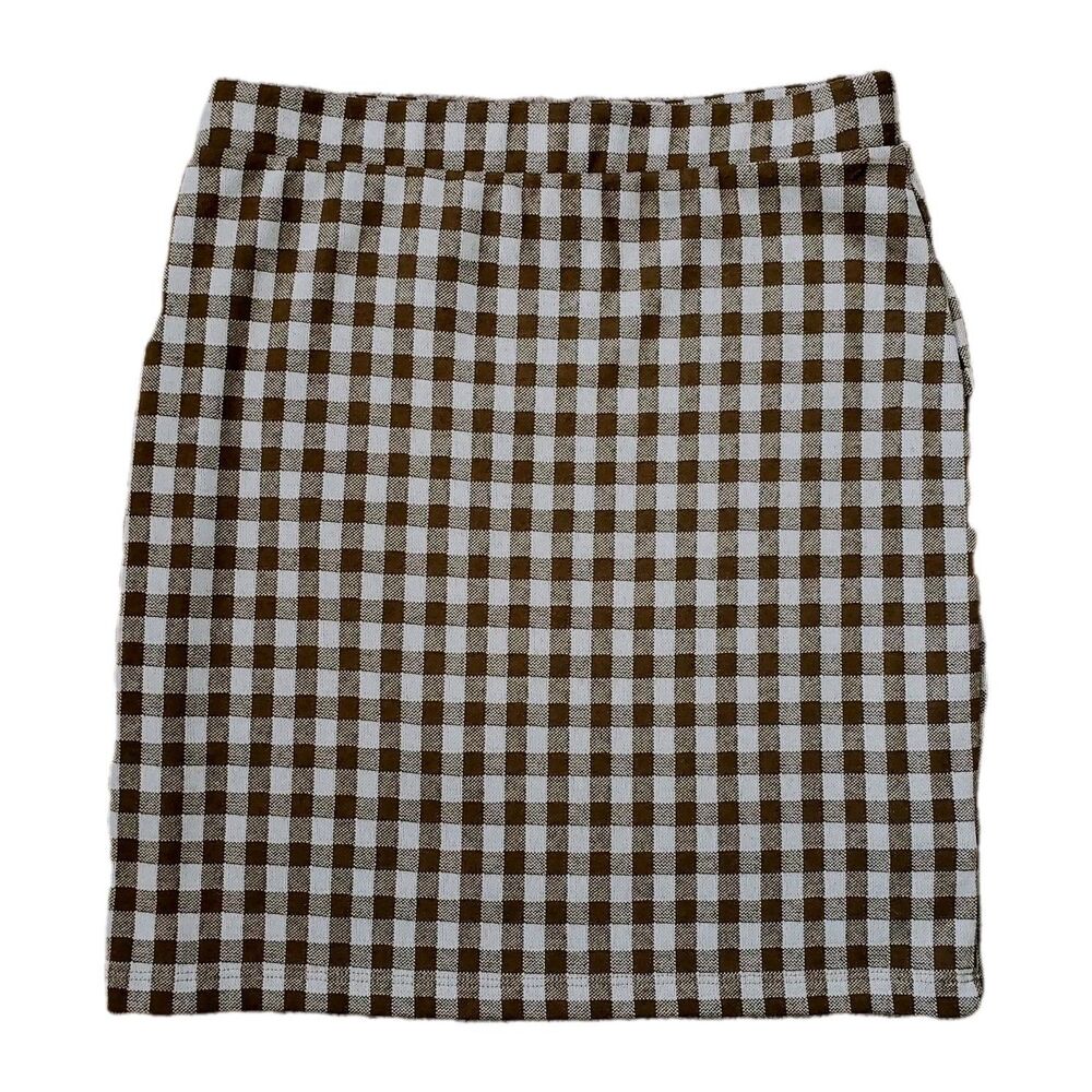 Vintage USA Made Altard State Brown White Gingham Plaid Mini Skirt Size M Slim